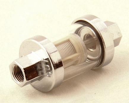 Fuel filter has a crystal clear glass body that makes checking fuel flow easy. Can be disassembled and cleaned.