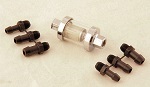 Re-usable in line fuel filter with clear glass body and interchangeable fule line hose barbs.