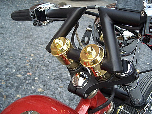 Solid brass risers from DeVille Cycles bolt right up to your Harley and aftermarket glide style trees.