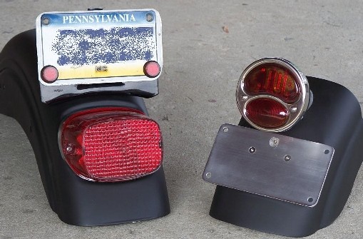 Pictured on the left is the factory Harley license plate bracket and tail lightassembly. On the right are the Bolt-On Bobber Tail light and Bolt-On Bobber Tag Mount from DeVille Cycles. The change is dramatic.
