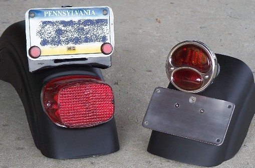 Pictured on the left is the factory Harley license plate bracket and tail lightassembly. On the right are the Bolt-On Bobber Tail light and Bolt-On Bobber Tag Mount from DeVille Cycles. The change is dramatic.