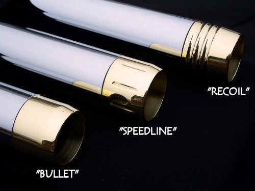 DeVille brass exhaust tips are available in Bullet, Speedline and Recoil designs. All of our tips are made from solid brass, machined and polished to a mirror finish.
