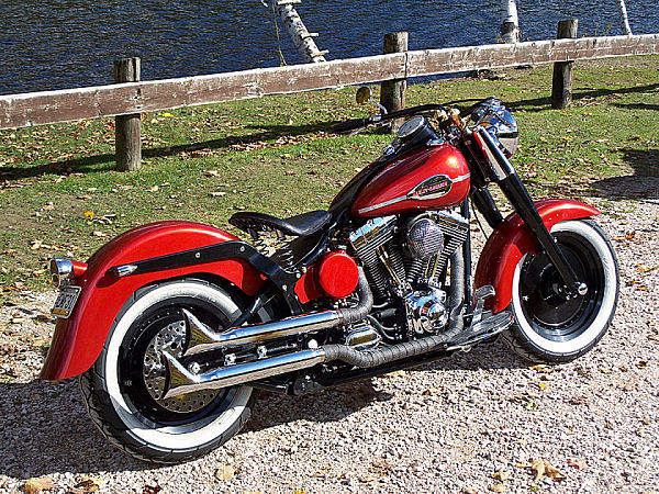 The bike retains it's 2001 FLSTF lines with black powdercoated solid wheels and slip-on fishtails. More obvious changes include the spring solo seat and custom round oil tank by DeVille Cycles