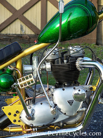 Alien gas tank on 650 Triumph chopper by DeVille Cycles.