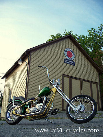 "Gallows" by DeVille Cycles is a 1971 Triumph 650 in a stretched rigid frame.